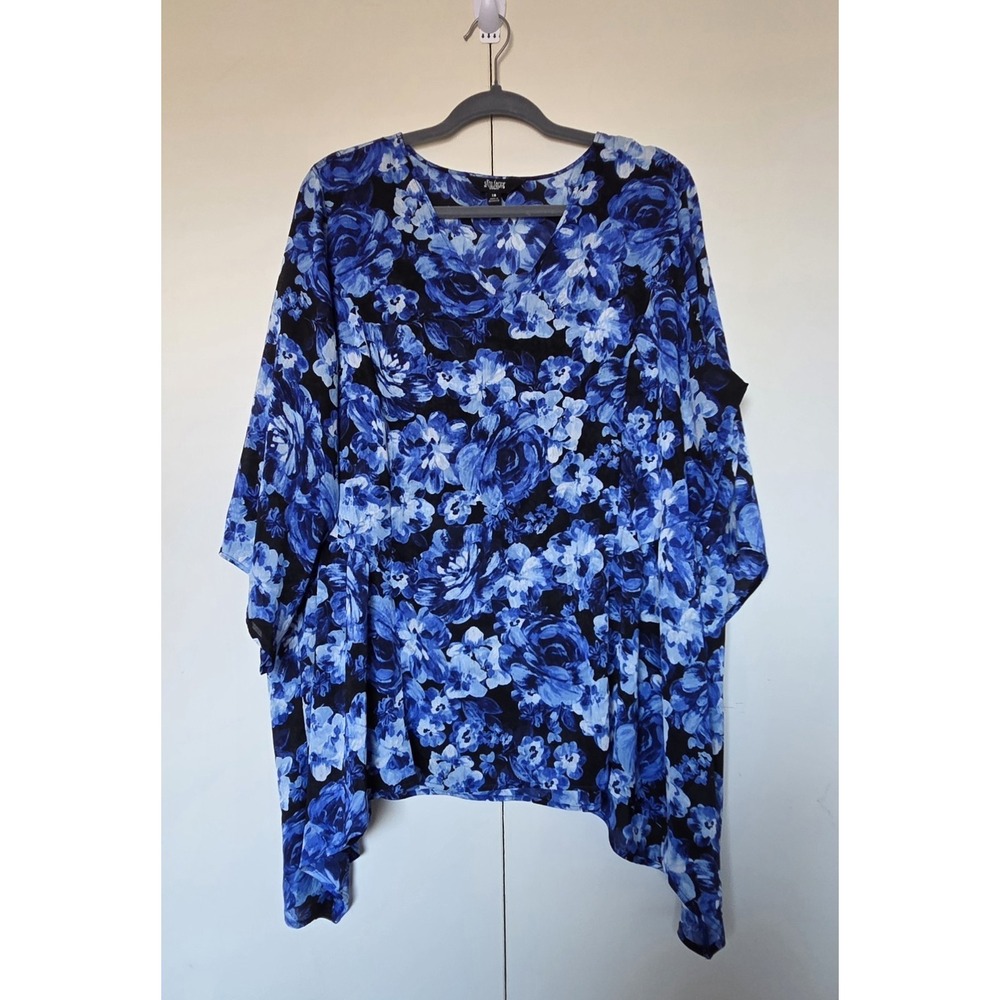 SLIM FACTORS By Investments Womens Tunic Sz 1X Blue Floral/Kimono Sleeves~EUC~